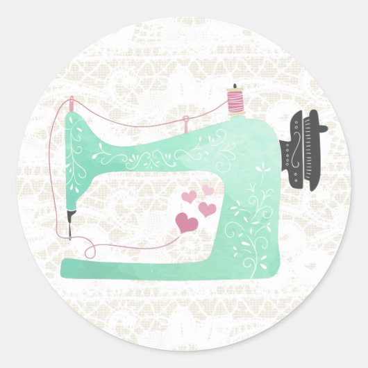 naaimachine op Shabby Chic Lace & Burlap Ronde Sticker (Voorkant)