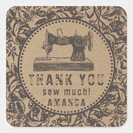 Naainmachine Floral Kraft Paper Vierkante Sticker (Voorkant)