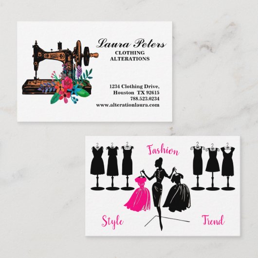 Naainmachine met bloemen, kleding wijzigen visitekaartje (Voorkant / Achterkant)