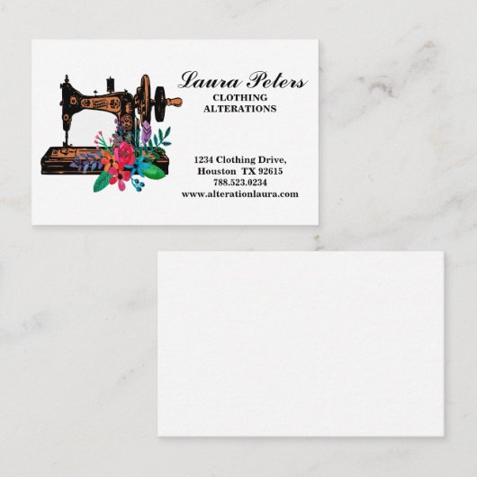 Naainmachine met bloemen, kleding wijzigen visitekaartje (Voorkant / Achterkant)