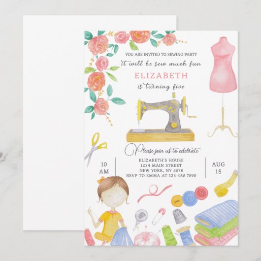 Naaiuitnodiging voor verjaardag kaart (Voorkant / Achterkant)