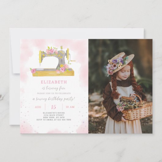 Naaiuitnodiging voor verjaardag met foto kaart (Voorkant)
