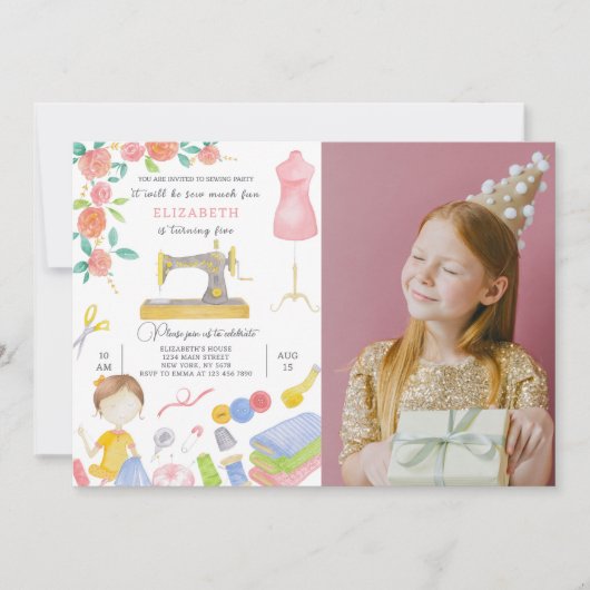 Naaiuitnodiging voor verjaardag met foto kaart (Voorkant)