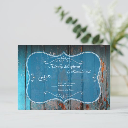 Naaldblauw hout Rustige RSVP-kaarten RSVP Kaartje (Staand voorkant)