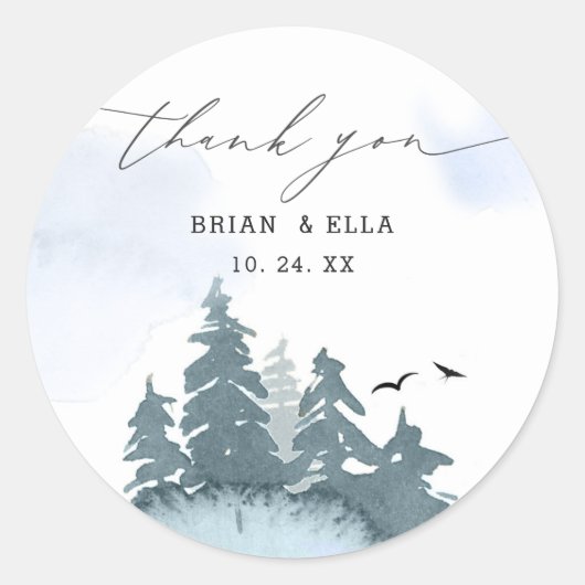 Naaldbomen Blauw Bruiloft Dank u Ronde Sticker (Voorkant)
