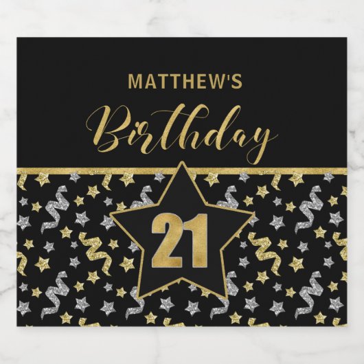 Naam 21e Verjaardag Confetti Thema in Goud op Zwar Bier Etiket (Enkel label)