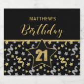 Naam 21e Verjaardag Confetti Thema in Goud op Zwar Sparkling Wijnetiket (Enkel label)