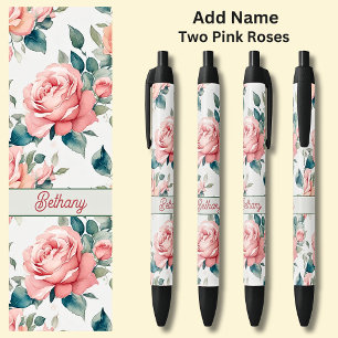 Naam 2 Roze Rozen Bloemen Bloemen Bloemen Zwarte Inkt Pen