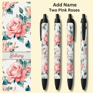 Naam 2 Roze Rozen Bloemen Bloemen Bloemen Zwarte Inkt Pen