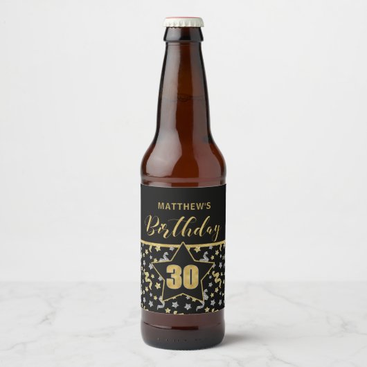 Naam 30e Verjaardag Confetti Thema in Goud op Zwar Bier Etiket (Voorkant)