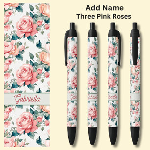 Naam 3 Roze Rozen Bloemen Bloemen Bloemen Zwarte Inkt Pen