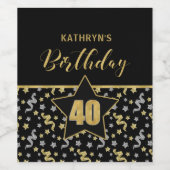 Naam 40e Verjaardag Confetti Thema in Goud op Zwar Wijn Etiket (Enkel label)