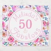Naam 50 en Fabulous Pink Floral Garden Sparkling Wijnetiket (Enkel label)