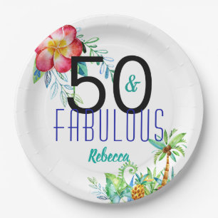 Naam 50 en Fabulous Tropical Floral 50th Birthday Papieren Bordje