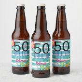 Naam 50 en Fabulous Tropical Floral 50th Verjaarda Bier Etiket (Flessen)
