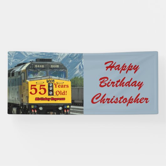 Naam, 55th Birthday Yellow Railroad Train Engine Spandoek (Horizontaal)