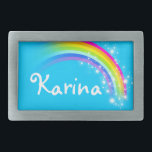 Naam 6 letter regenboog heldere, blauwe, ovale gor gesp<br><div class="desc">Op dit moment leest de zogenaamde regenbooggordel Karina of personaliseert u de naam van uw keuze (maximaal 6 letters). Design geïnspireerd door de vele prachtige regenbogen hier in Victoria,  Australië. Object uitsluitend ontworpen door Sarah Trett.</div>