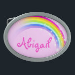 Naam 7 letters regenboogroze ovale gordel gesp<br><div class="desc">De heette regenbooggordel sluiting,  leest op dit moment Abigail of personaliseer je met de langere naam van je keuze (alleen tot 7 letters). Design geïnspireerd door de vele prachtige regenbogen hier in Victoria,  Australië. Object uitsluitend ontworpen door Sarah Trett.</div>