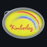 Naam 9 letters regenboog gele ovale riemgesp gesp<br><div class="desc">Named rainbow belt buckle,  leest momenteel,  Kimberley of personaliseert met de langere naam van uw keuze (alleen tot 9 letters). Design geïnspireerd op de vele mooie regenbogen hier in Victoria,  Australië. Artikel exclusief ontworpen door Sarah Trett.</div>
