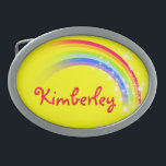 Naam 9 letters regenboog gele ovale riemgesp gesp<br><div class="desc">Named rainbow belt buckle,  leest momenteel,  Kimberley of personaliseert met de langere naam van uw keuze (alleen tot 9 letters). Design geïnspireerd op de vele mooie regenbogen hier in Victoria,  Australië. Artikel exclusief ontworpen door Sarah Trett.</div>