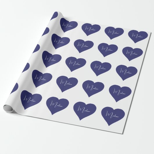 Naam Aangepaste Dark Blue Heart Cadeaupapier (Uitgerold)