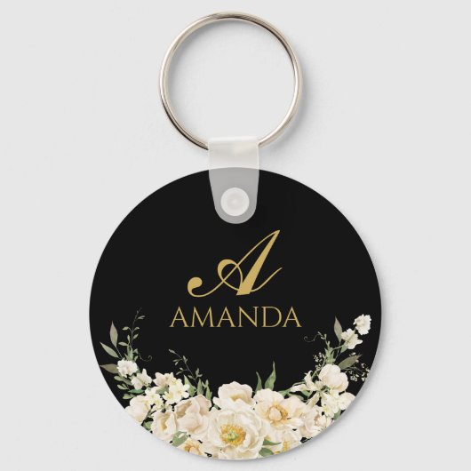 Naam aanpassen Gold & White Flower Sleutelhanger (Voorkant)