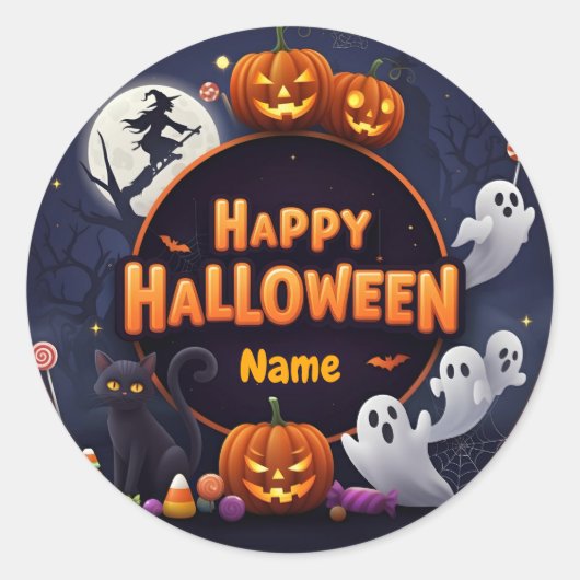 Naam aanpassen Happy Halloween Ronde Sticker (Voorkant)