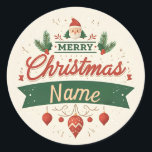 Naam aanpassen Merry Christmas Ronde Sticker<br><div class="desc">Vier het vakantieseizoen met onze Merry Christmas gepersonaliseerde ronde Sticker. Deze feestelijke sticker is voorzien van een prachtig vormgegeven illustratie met de tekst "Merry Christmas" in een stijlvol, vet lettertype. De naam sectie is aanpasbaar, zodat u elke gewenste naam toe te voegen. Rondom de tekst bevinden zich charmante kerstelementen zoals...</div>