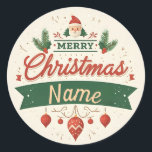 Naam aanpassen Merry Christmas Ronde Sticker<br><div class="desc">Vier het vakantieseizoen met onze Merry Christmas gepersonaliseerde ronde Sticker. Deze feestelijke sticker is voorzien van een prachtig vormgegeven illustratie met de tekst "Merry Christmas" in een stijlvol, vet lettertype. De naam sectie is aanpasbaar, zodat u elke gewenste naam toe te voegen. Rondom de tekst bevinden zich charmante kerstelementen zoals...</div>