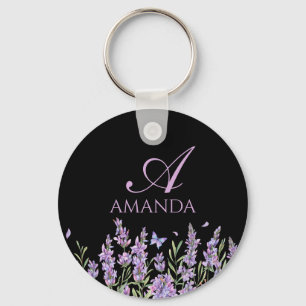 Naam aanpassen Paarse Lavendel Flower Black Sleutelhanger