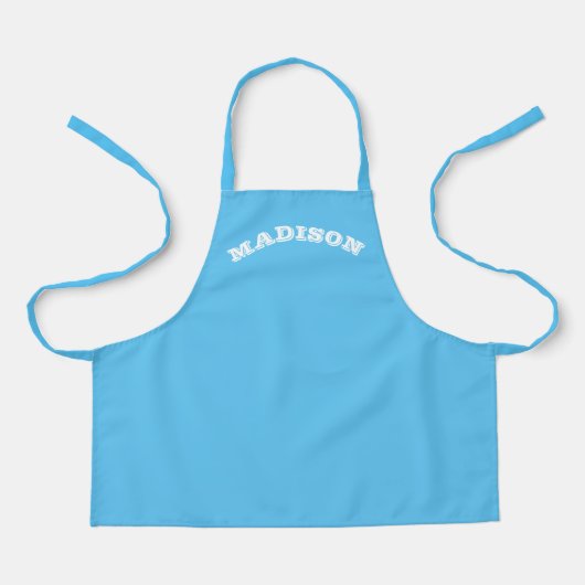 Naam aanpassen tekst wit gebogen letters blauw schort (Voorkant)