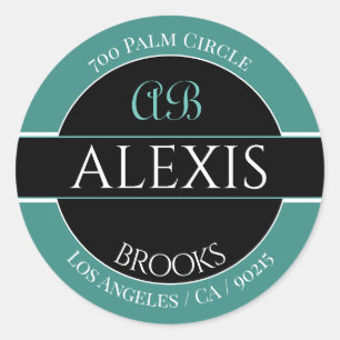 Naam Adres Monogram, Diep Teal Zwart & Wit Ronde Sticker