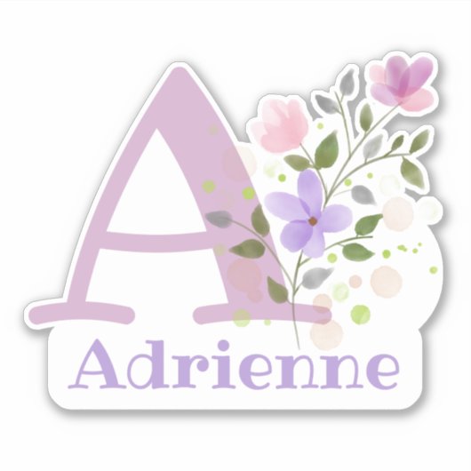 Naam Adrienne en Initiaal met Bloemendesign Sticker (Voorkant)
