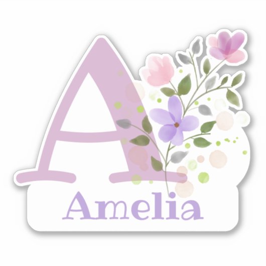 Naam Amelia plus Initiaal met Bloemendesign Sticker (Voorkant)