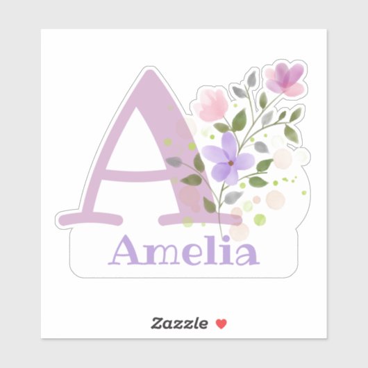 Naam Amelia plus Initiaal met Floral Design Sticker (Vel)