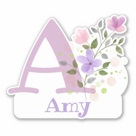 Naam Amy en Initiaal met Bloemendesign Sticker (Voorkant)