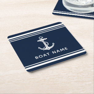 Naam anker boot marineblauw maritiem op maat kartonnen onderzetters
