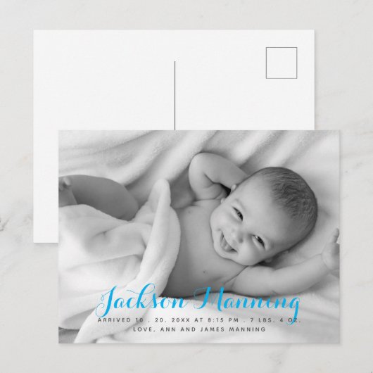 Naam | Baby Boy Blue Script-foto Aankondigingskaart (Voorkant / Achterkant)