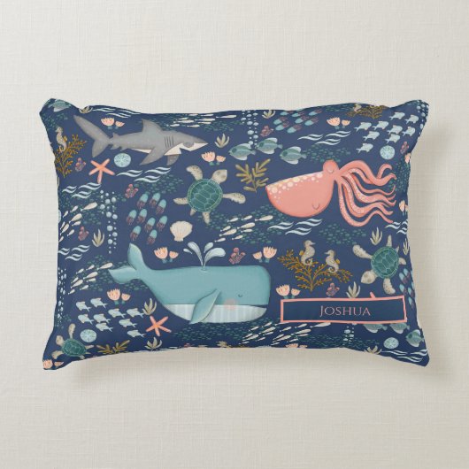 Naam baby onder de Zee Ocean Animal Nursery Accent Kussen (Voorkant)