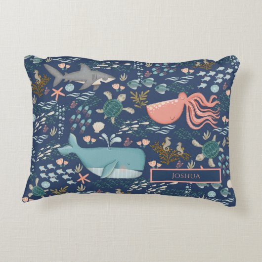 Naam baby onder de Zee Ocean Animal Nursery Accent Kussen (Achterkant)