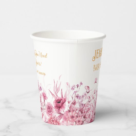 Naam, Baby shower, Extra Tekst, Bloemenrand 8oz Papieren Bekers (Rechts)