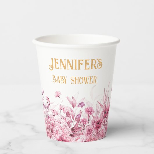 Naam, Baby shower, Extra Tekst, Bloemenrand 8oz Papieren Bekers (Voorkant)