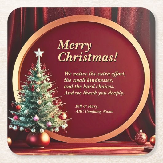 Naam Bericht Bedrijf Rood Goud + Kerstboom Kartonnen Onderzetters (Voorkant)