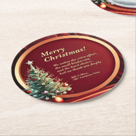 Naam Bericht Bedrijf Rood Goud + Kerstboom Ronde Kartonnen Onderzetter
