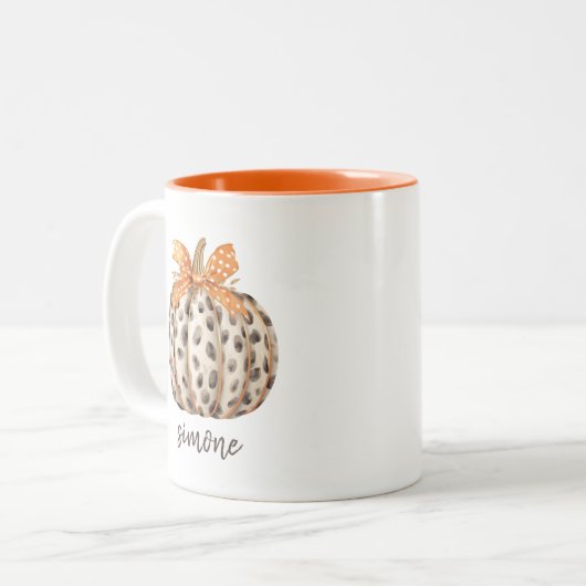 Naam Bewerkbare Schattigee Oranje Pompoen Oogst He Tweekleurige Koffiemok (Voorkant links)