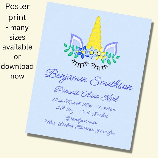 Naam Birth Details, Unicorn Eyes Blue Nursery toev Poster