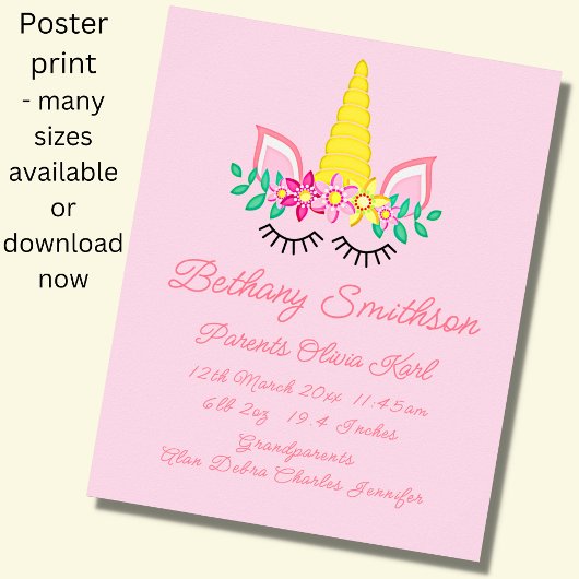 Naam Birth Details, Unicorn Eyes Roze Nursery toev Poster