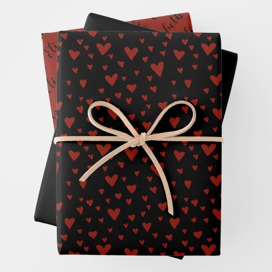 Naam Black Red Hearts Pattern | Personaliseren Inpakpapier Vel (In situ)