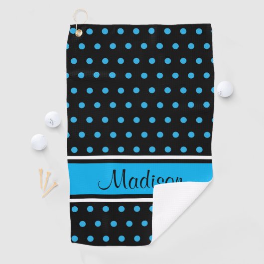 Naam Black Sky Blue Polka Dot Stripe Script Golfhanddoek (Insitu)