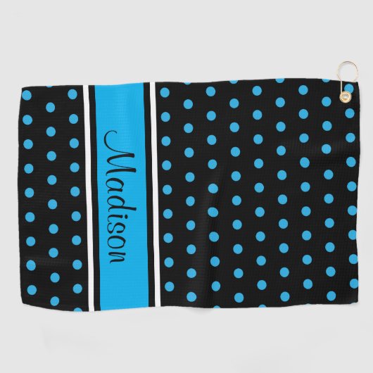 Naam Black Sky Blue Polka Dot Stripe Script Golfhanddoek (Horizontaal)